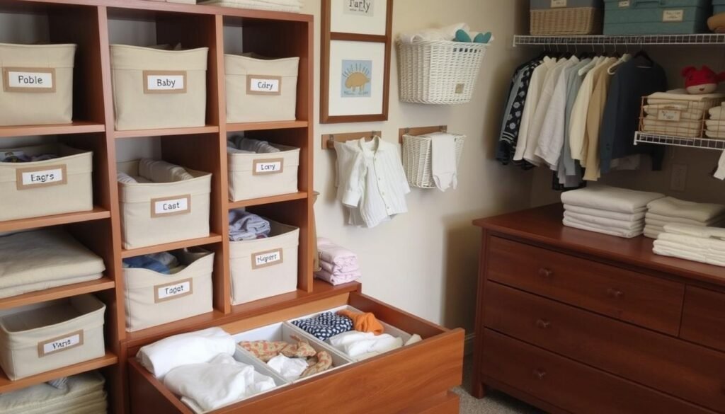 Well-organized baby room with labeled bins, drawer dividers, and wall storage
