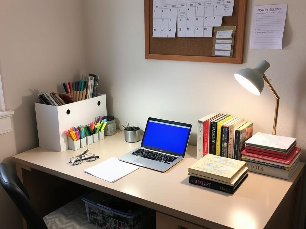Well-organized dorm desk with desktop organizers and study supplies Well-organized dorm desk with desktop organizers and study supplies