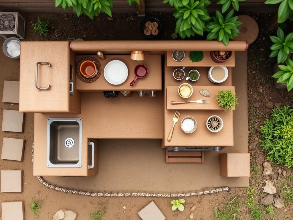 Well-organized mud kitchen layout with labeled areas for different activities Well-organized mud kitchen layout with labeled areas for different activities