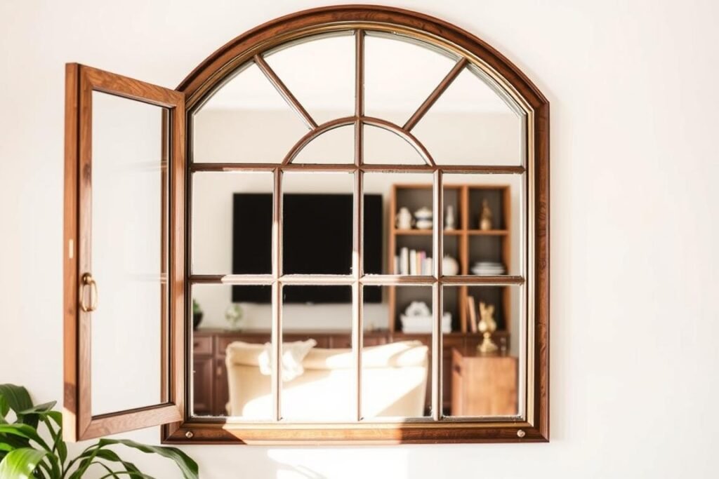 Window-style mirror creating illusion of additional window Window-style mirror creating illusion of additional window