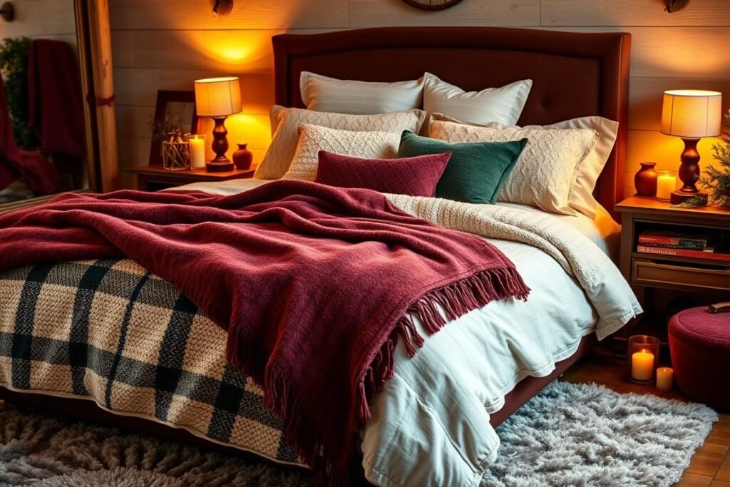Winter bedroom with layered textiles, warm lighting, and rich colors