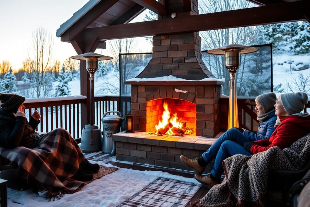 Winter outdoor fireplace with weather protection, heating elements, and cozy accessories