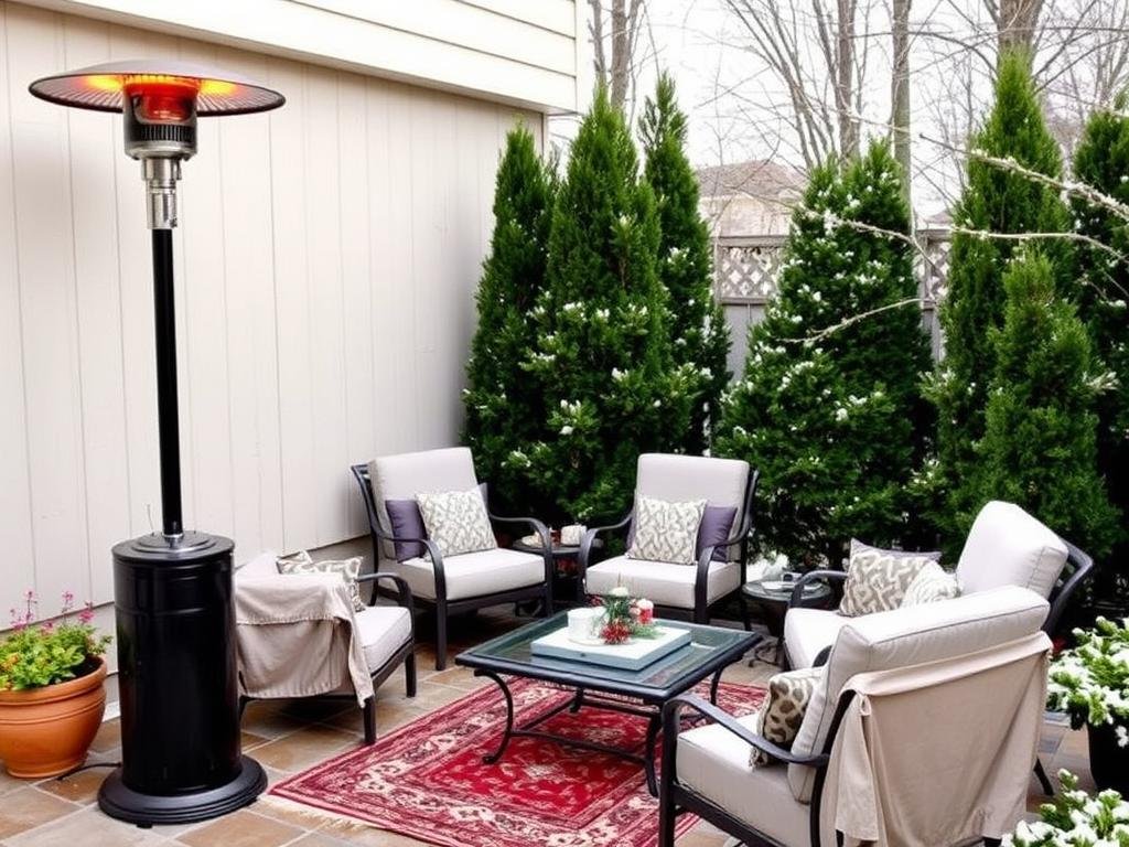 Winter-ready outdoor space with patio heater and weather-resistant furniture covers