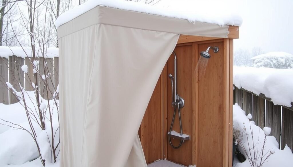 Winterized outdoor shower with protective covering