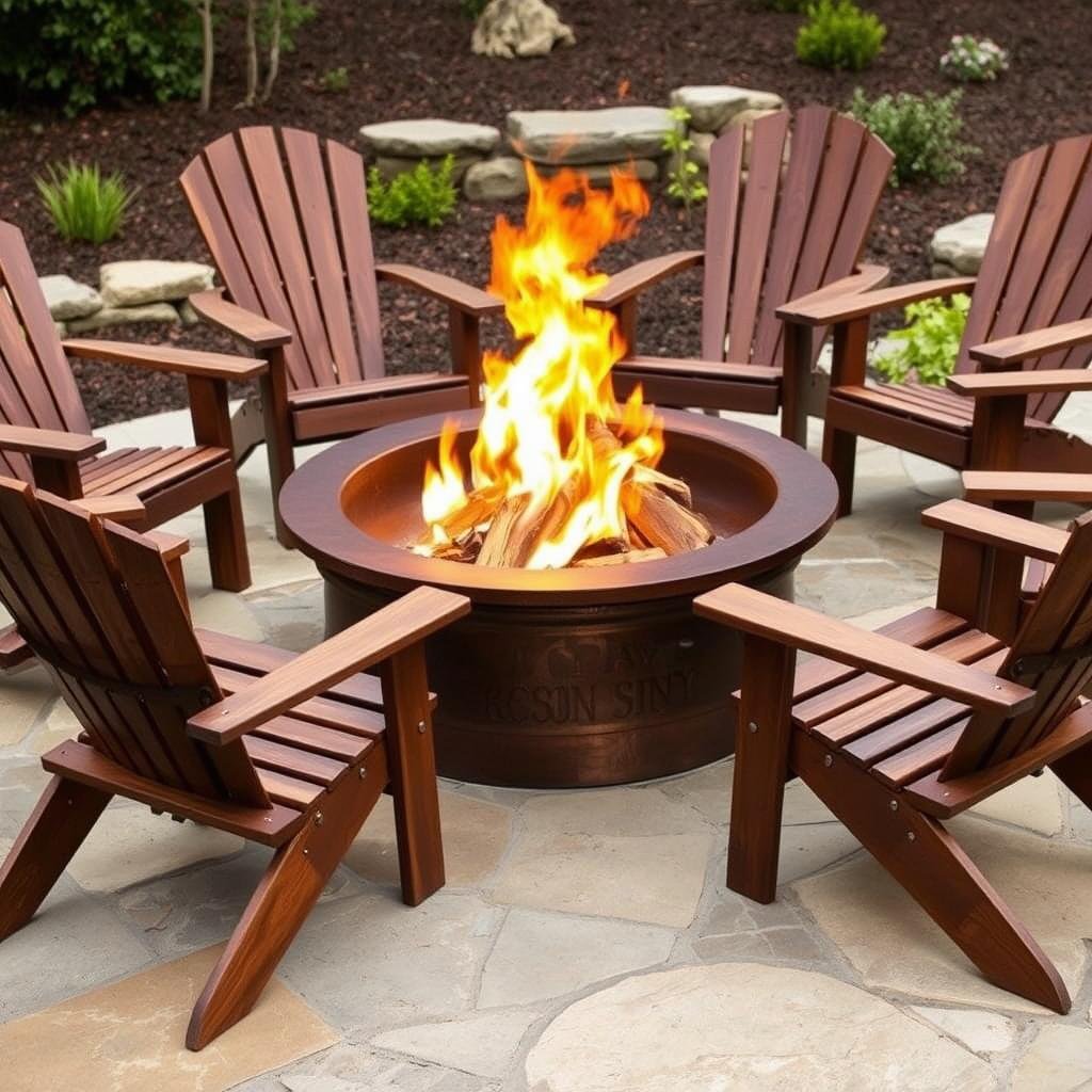 Wood-burning fire pit with flames on a stone patio surrounded by Adirondack chairs