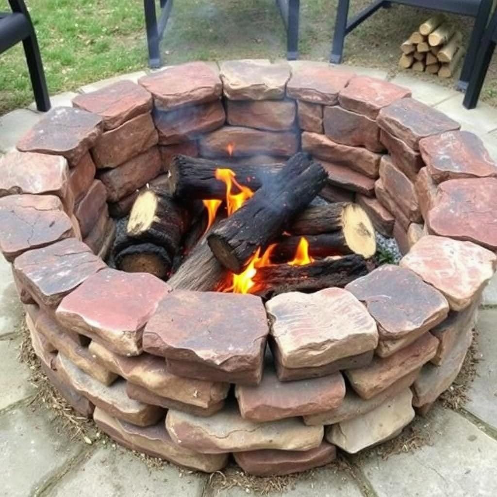 Wood-burning fire pit with stacked firewood nearby