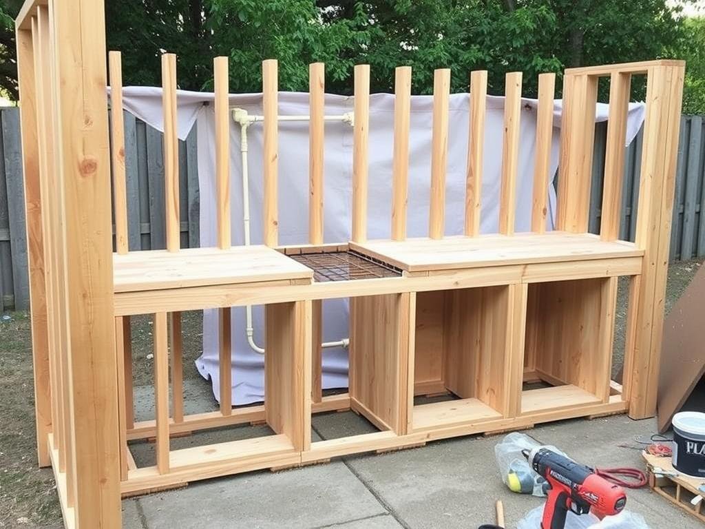 Wood frame construction for outdoor kitchen