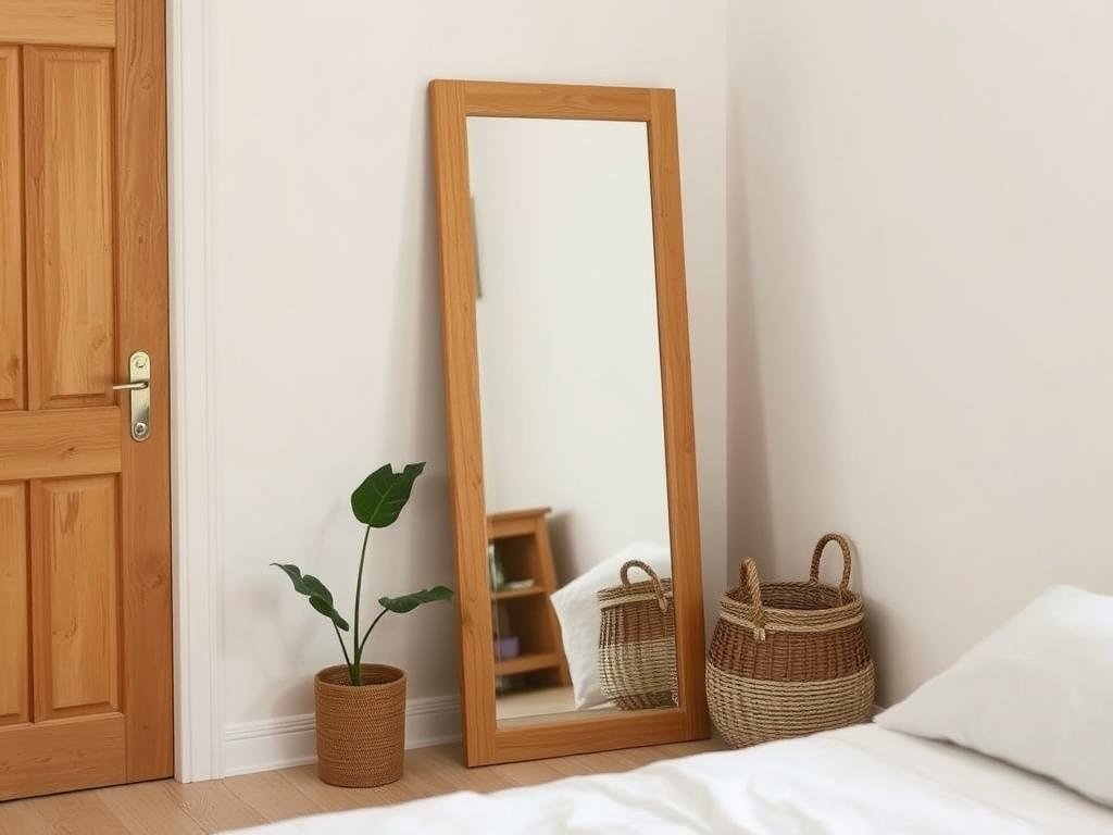 Wooden frame leaning full length mirror in a bedroom corner Wooden frame leaning full length mirror in a bedroom corner