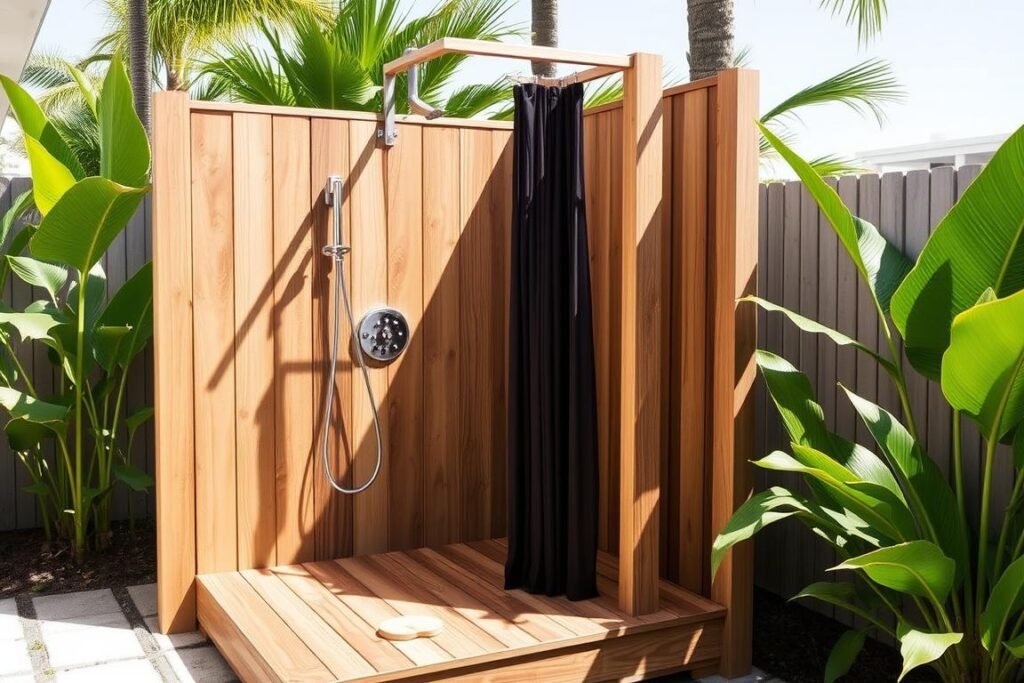 Wooden freestanding outdoor shower with teak platform and privacy screen