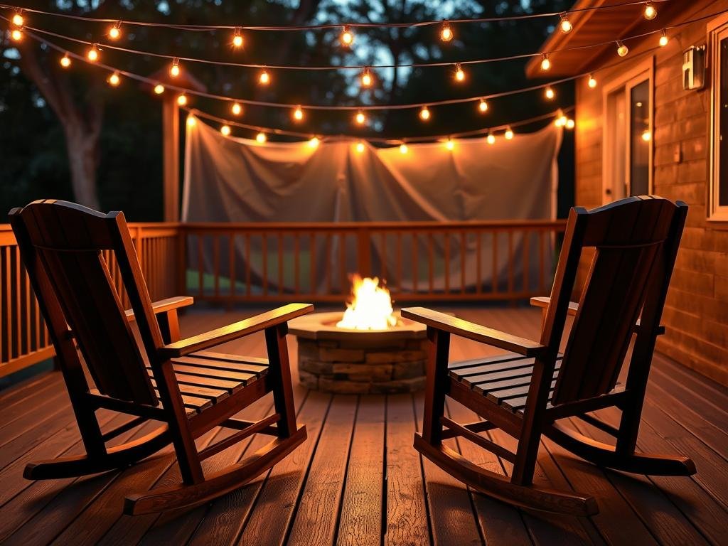 Wooden outdoor rocking chairs positioned around a fire pit on a wooden deck with string lights overhead