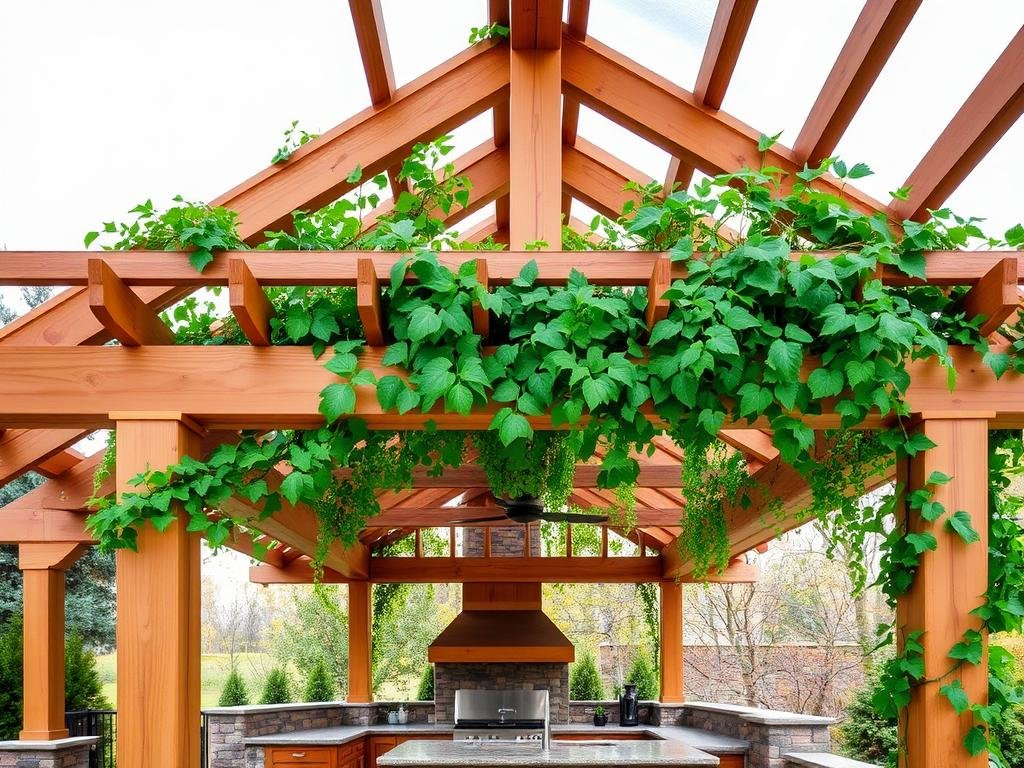 Wooden pergola over outdoor kitchen with climbing vines