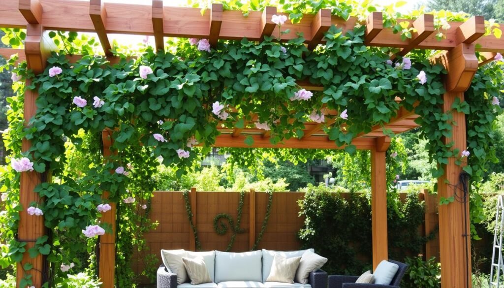Wooden pergola with climbing plants providing dappled shade