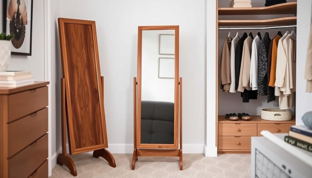 Wooden standing full length mirror with adjustable tilt in a dressing area Wooden standing full length mirror with adjustable tilt in a dressing area