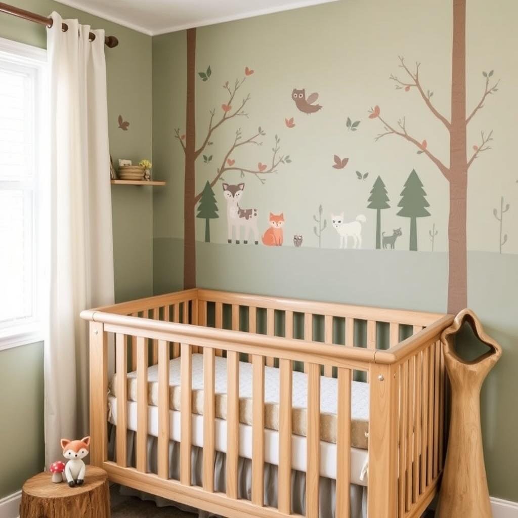 Woodland themed baby room decor with forest animals, natural wood elements, and green accents