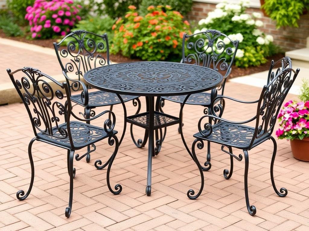 Wrought iron outdoor furniture with ornate details