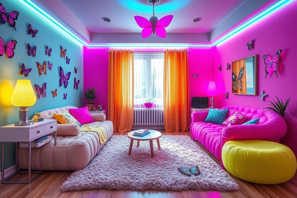 Y2K-inspired teen bedroom with bright colors, fun patterns, and early 2000s nostalgic elements Y2K-inspired teen bedroom with bright colors, fun patterns, and early 2000s nostalgic elements