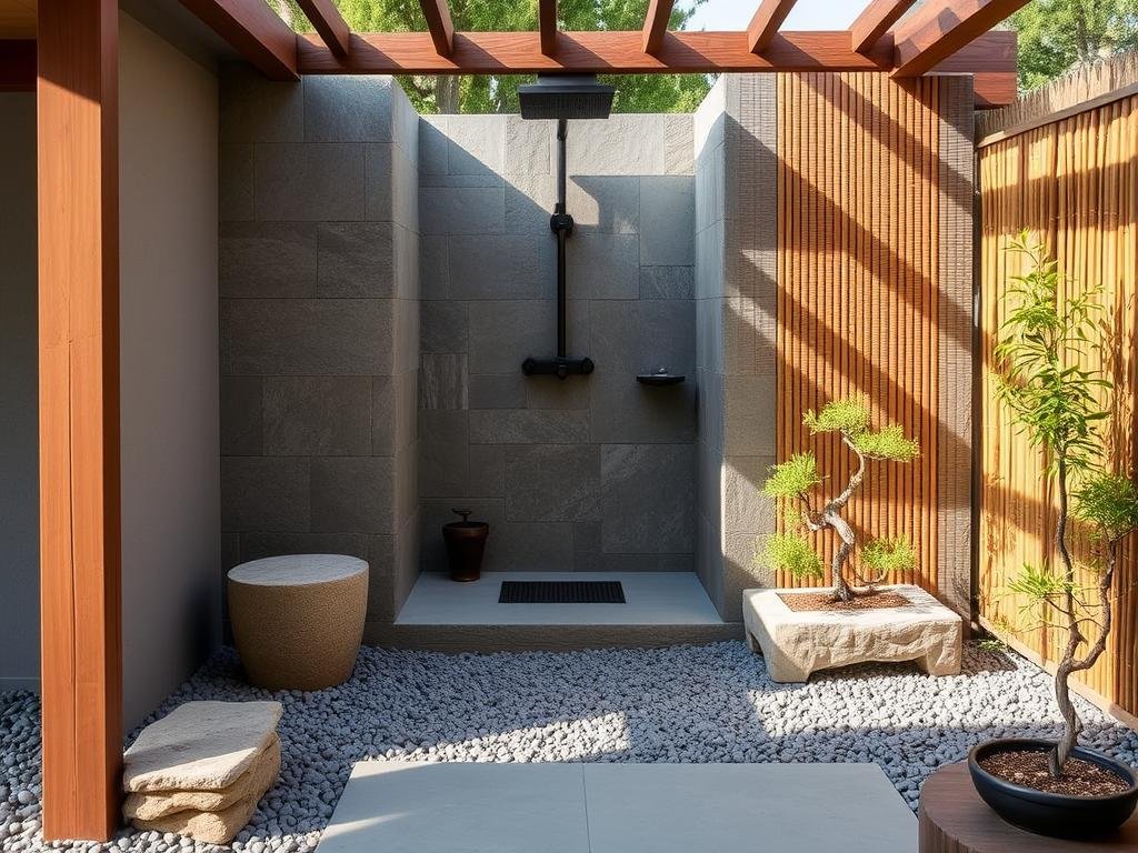 Zen garden outdoor shower with natural stone elements Zen garden outdoor shower with natural stone elements