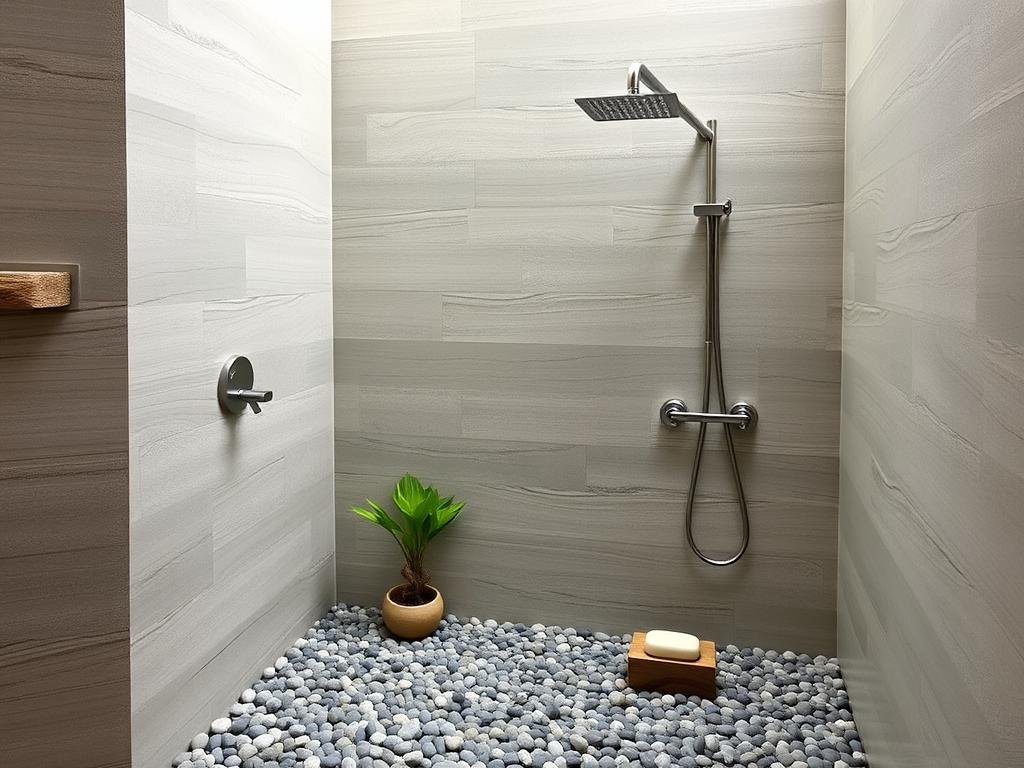 Zen-inspired outdoor shower with smooth stone walls and premium fixtures