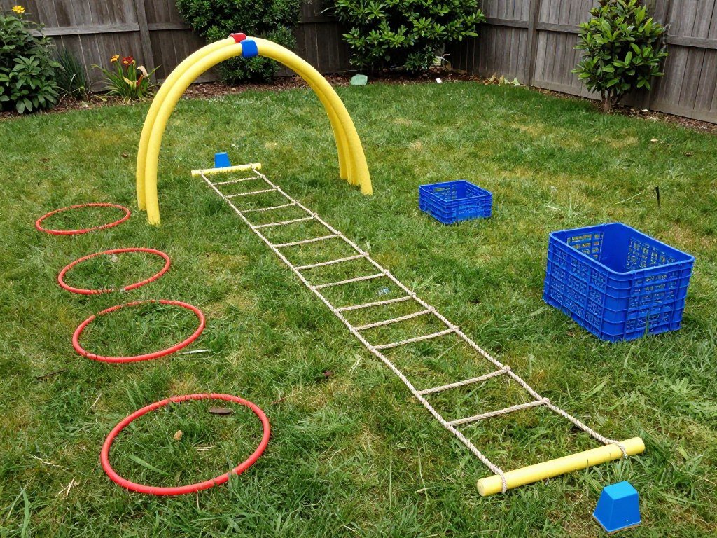 A DIY obstacle course made with household items in a backyard setting
