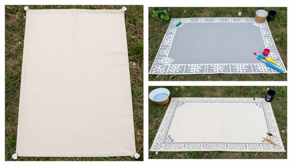 A DIY painted outdoor rug project showing the transformation process