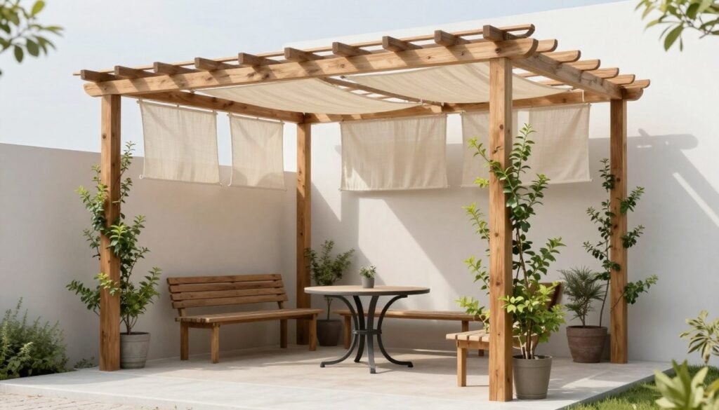A DIY pergola with fabric shade panels and climbing plants providing shade over a small patio seating area