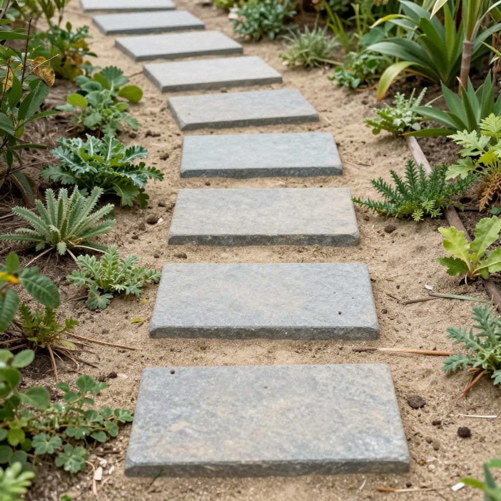 A DIY stepping stone pathway through a garden