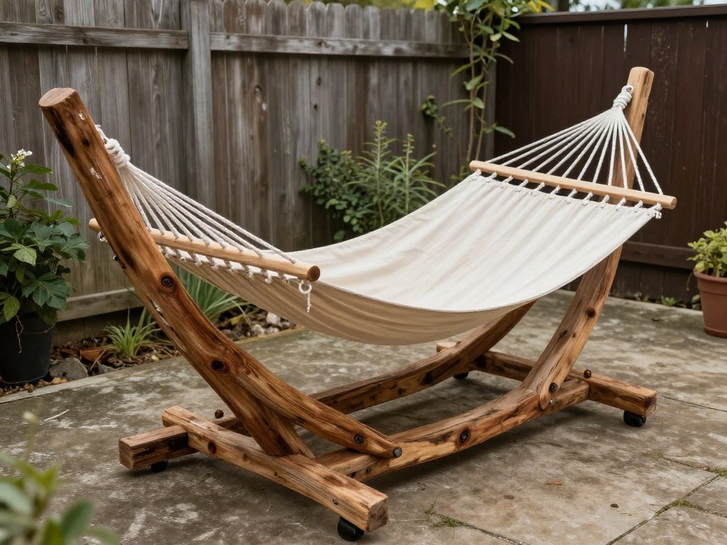 A DIY wooden hammock stand made from reclaimed timber with a handcrafted fabric hammock in a rustic backyard setting