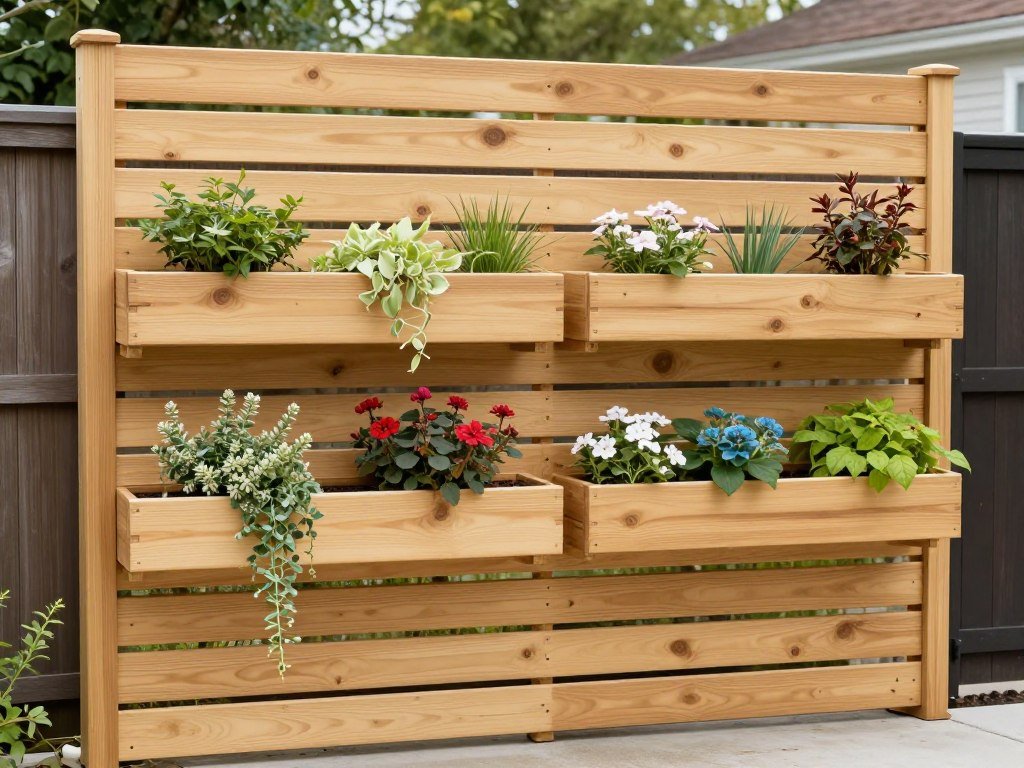 A DIY wooden slat privacy screen with integrated planter boxes