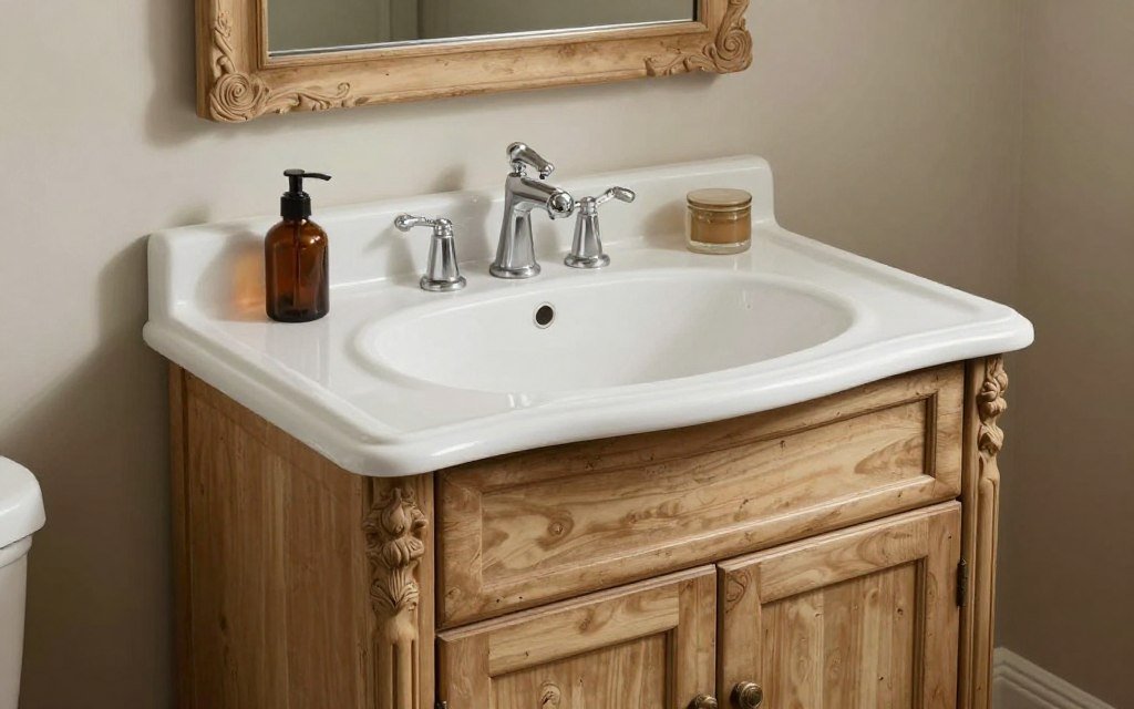 A French Provincial antique vanity beautifully converted into an elegant bathroom sink cabinet