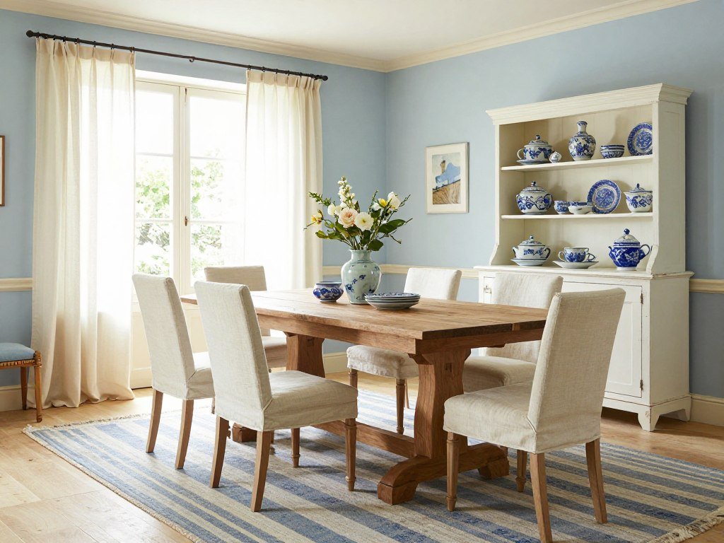 A French country dining room showcasing a soft color palette of blues, creams, and natural wood tones