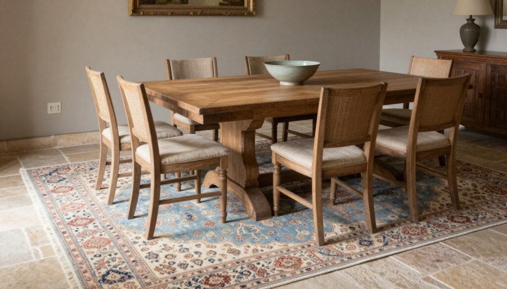 A French country dining room with a faded blue and cream Oriental rug anchoring the dining table and chairs