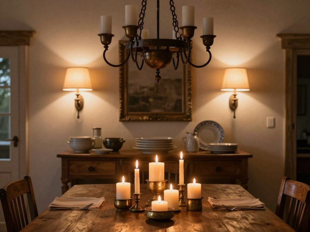 A French country dining room with layered lighting including a chandelier, wall sconces, and candles on the table