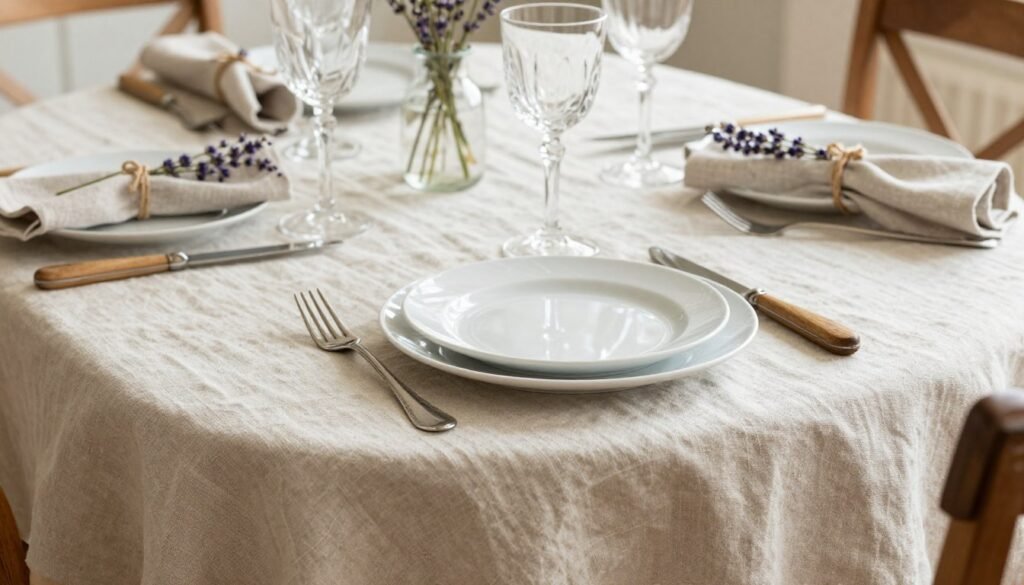 A French country dining table set with natural linen tablecloth, napkins, and simple white dinnerware