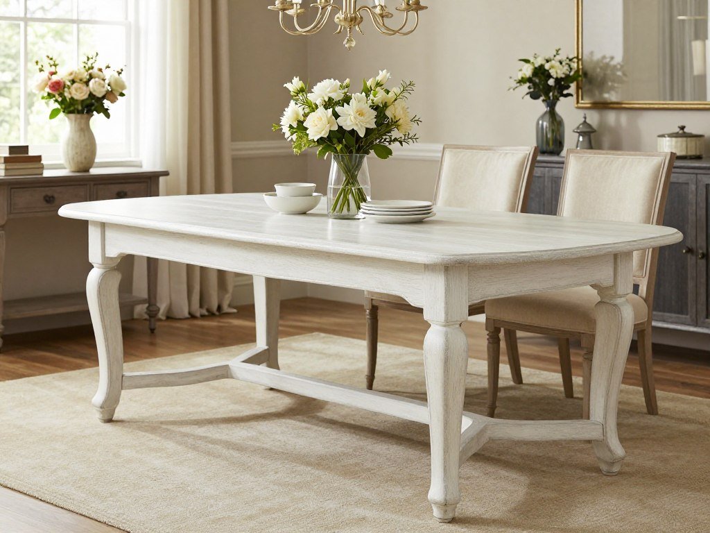 A French country farmhouse dining table with curved details and whitewashed finish in an elegant dining room