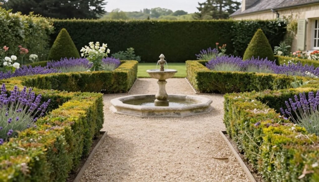 A French country garden with lavender borders, gravel pathways, and a central fountain