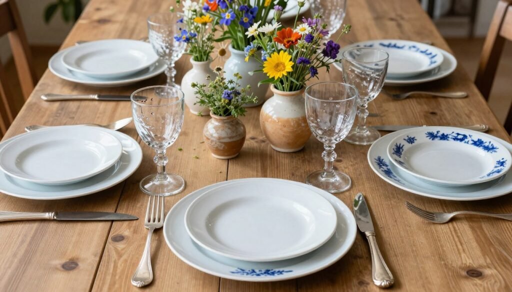 A French country table setting featuring a mix of white plates, blue and white transferware, and simple glassware