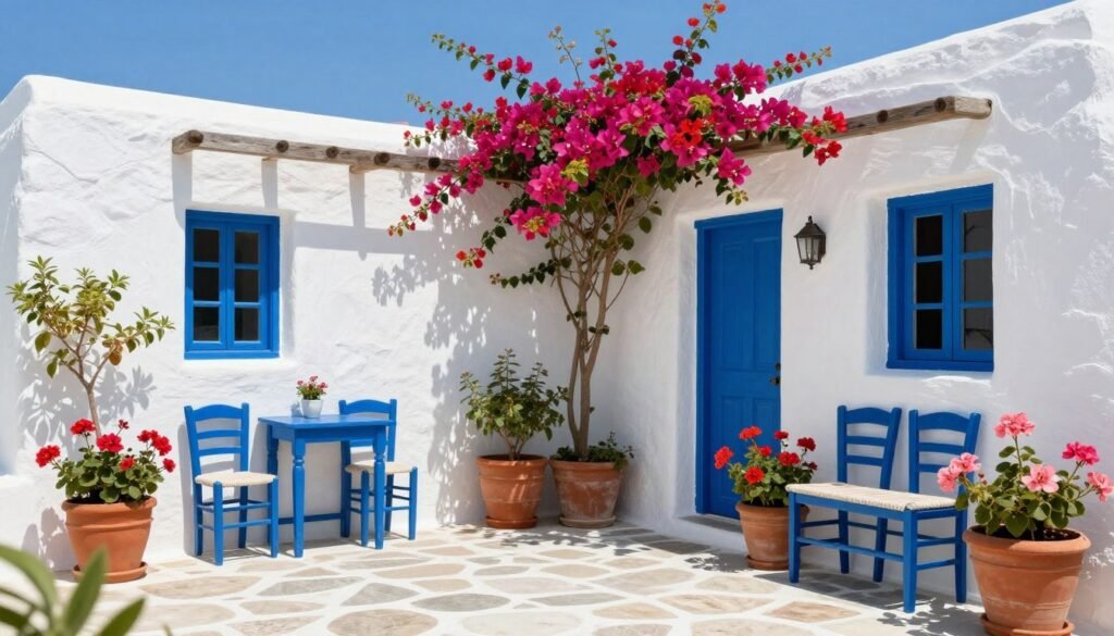 A Greek island-inspired backyard with whitewashed walls, blue accents, and terracotta pots with Mediterranean plants