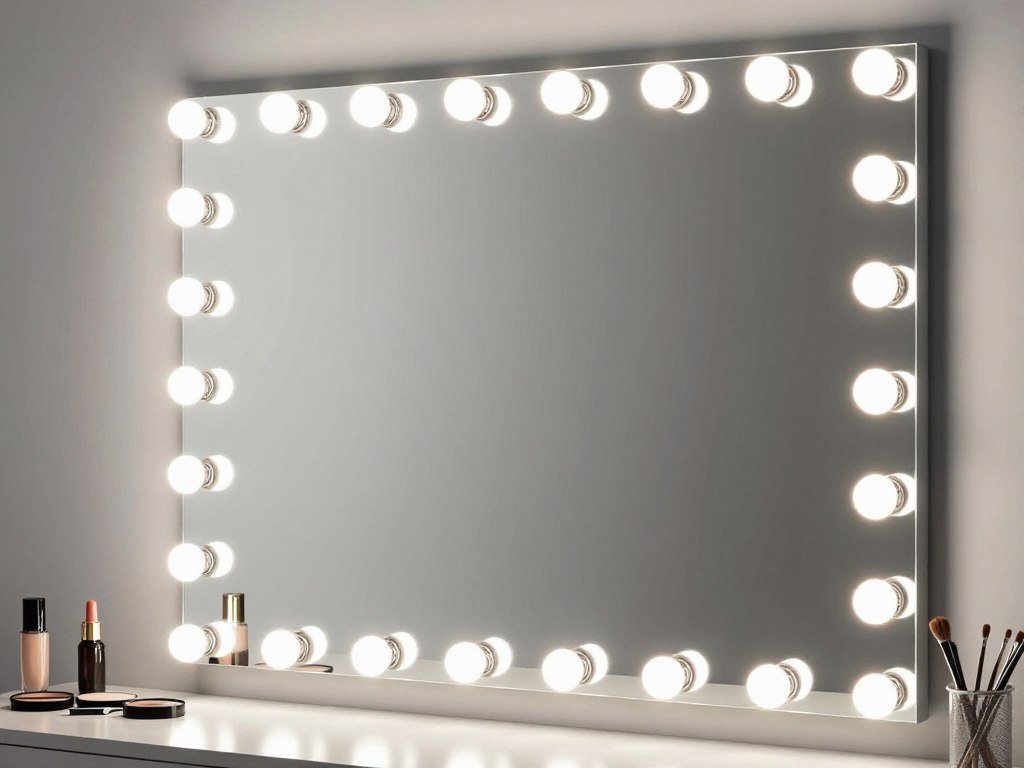 A Hollywood-style vanity mirror with LED lights surrounding the frame, providing perfect makeup lighting