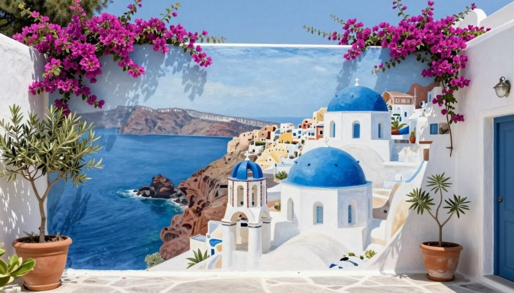 A Mediterranean-inspired backyard mural featuring a coastal village scene with whitewashed buildings, blue domes, and bougainvillea, demonstrating how backyard mural ideas can transport you to favorite destinations
