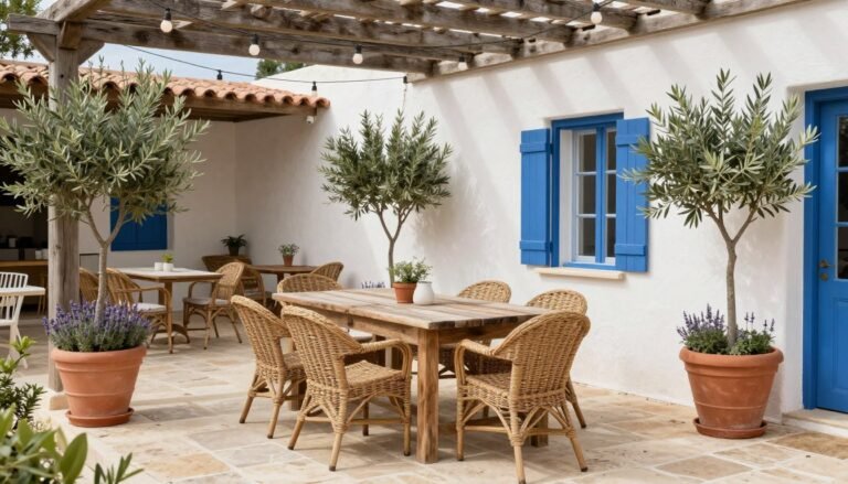 A Mediterranean-style outdoor dining area with a rustic wooden table, olive trees in planters, and string lights overhead