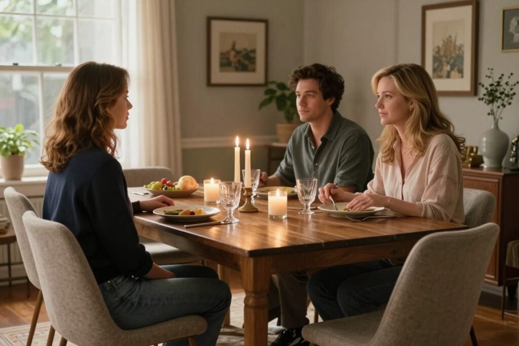 A Nancy Meyers style dining room ready for a casual gathering