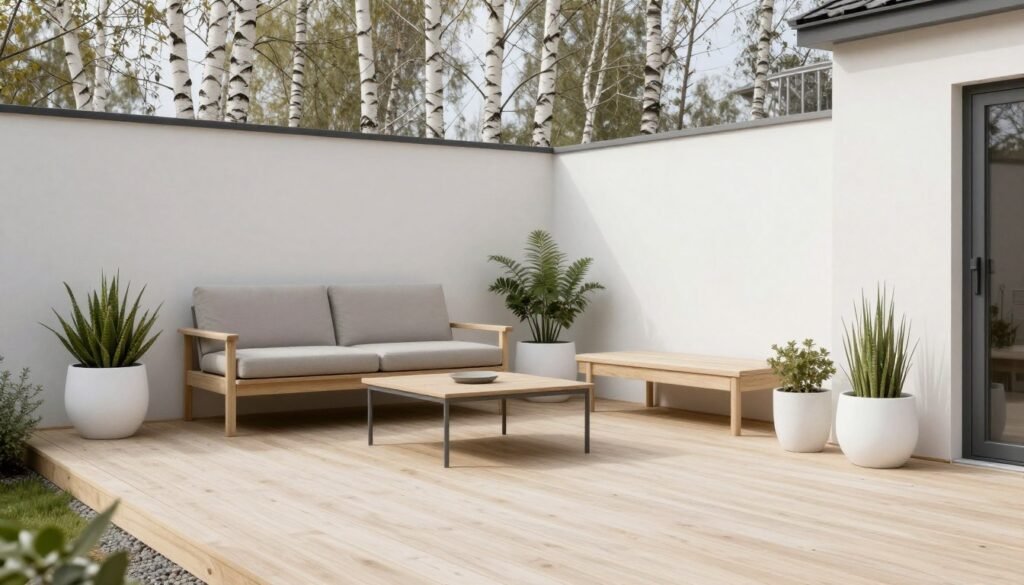 A Scandinavian-inspired backyard with wooden deck, modern furniture, and container plants