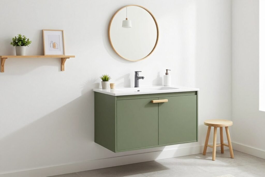 A Scandinavian-inspired bathroom with olive green vanity, light wood accents, and minimalist design