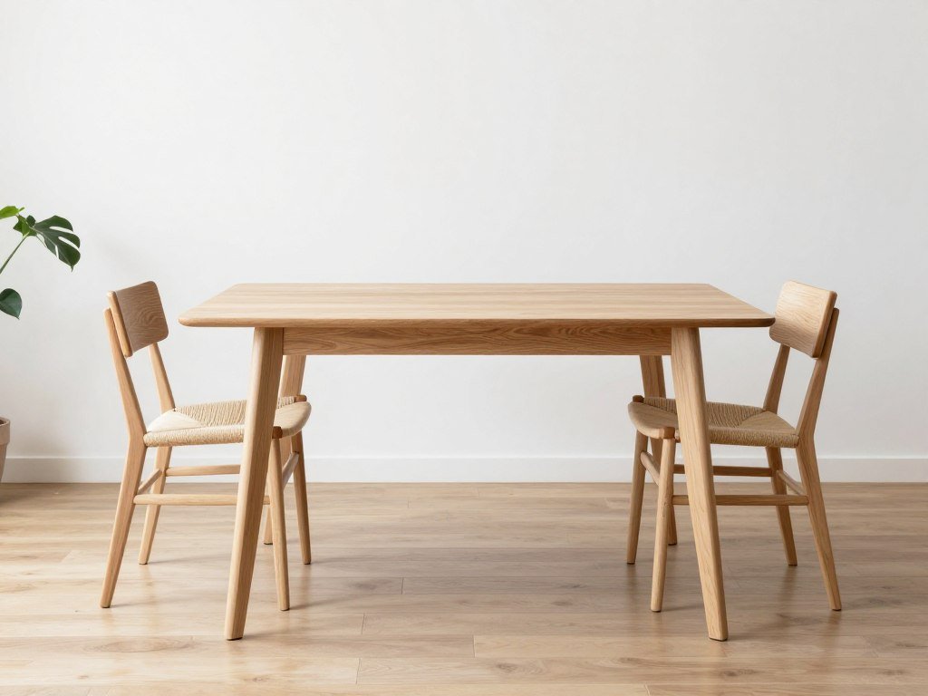 A Scandinavian-style modern dining table with light wood finish and minimalist design
