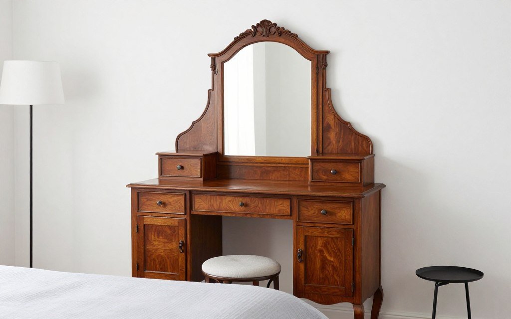 A Victorian antique vanity beautifully styled in a contemporary bedroom with minimalist decor