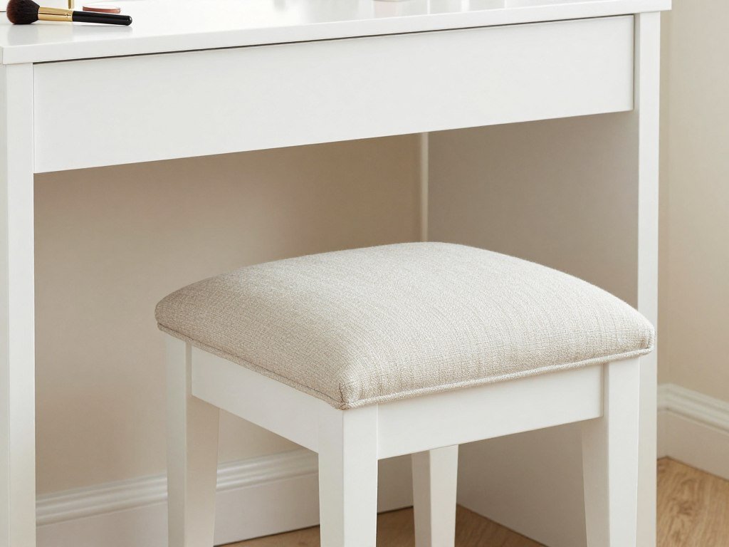 A backless vanity stool with a white wooden base and neutral linen upholstery