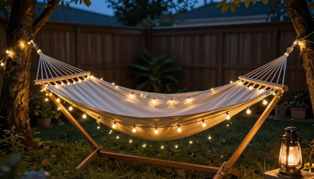A backyard hammock area illuminated with string lights and lanterns creating a magical evening atmosphere