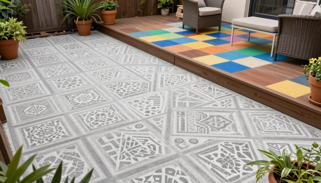 A backyard patio with stenciled concrete floor and painted deck in bright patterns A backyard patio with stenciled concrete floor and painted deck in bright patterns