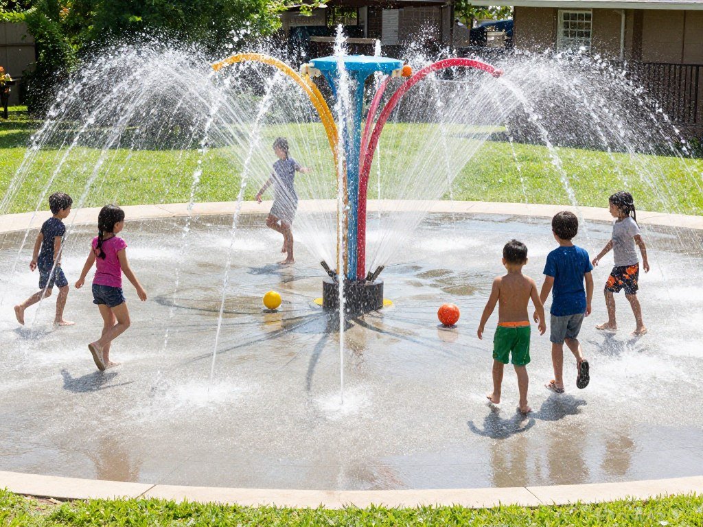 A backyard splash pad with colorful water jets spraying upward as children play in the water