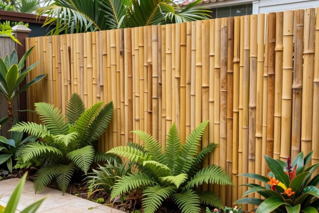 A bamboo privacy fence with lush plantings creating a tropical backyard retreat